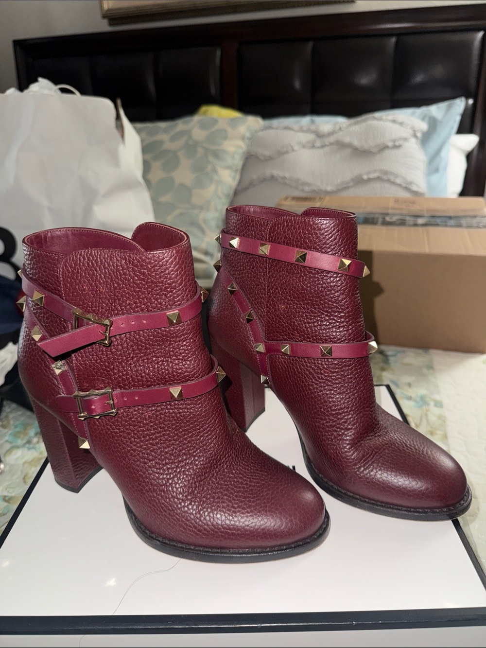 Valentino Garavani Wine Red Studded Leather Ankle Booties